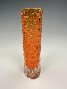 WHITEFRIARS Tango orange bark pattern finger vase, by Geoffrey Baxter. 15cm tall.