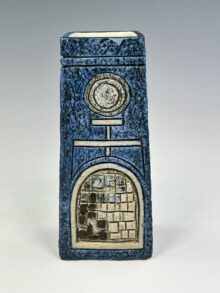 Troika blue coffin vase circa 1970s, decorated by Alison Brigden (AB), 17cm.