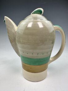 Susie Cooper Kestrel shape coffee pot with lid. Banded pattern, Art Deco circa 1930s.