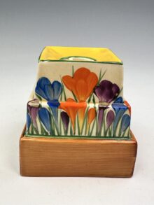 Clarice Cliff CROCUS stepped candlestick, 9cm. Shape 391. Art Deco, circa 1932.