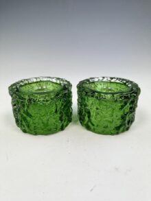 Whitefriars - A pair of MEADOW GREEN bark candlesticks by Geoffrey Baxter. 6cm.