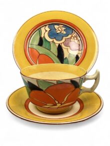 Clarice Cliff GARDENIA Athens shape trio (cup, saucer & plate). Art Deco circa 1932.