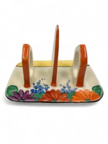 Clarice Cliff GAYDAY pattern three-prong toast rack. Art Deco original, circa 1931.