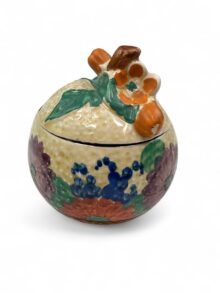 Clarice Cliff GAYDAY pattern small orange shape preserve pot. Circa 1931, Art Deco.