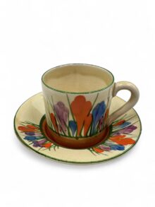 Clarice Cliff CROCUS Pattern demitasse coffee can & saucer. Art Deco, circa 1930.