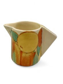 Clarice Cliff DELECIA PEACHES/CITRUS conical milk jug, 6.5cm. Art Deco, circa 1932.