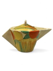 Clarice Cliff DELECIA PEACHES/CITRUS conical Teapot, 12cm. Art Deco, circa 1932.