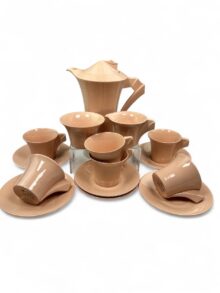 Clarice Cliff DAMASK ROSE (pink) complete daffodil shape coffee set, circa 1931.