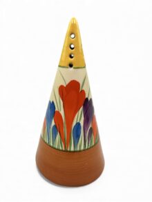 Clarice Cliff CROCUS pattern conical sugar sifter. Art Deco original, circa 1936.