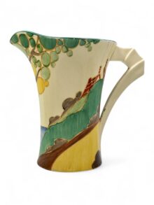 Clarice Cliff SECRETS pattern daffodil shape jug. Scarce shape, 16cm. Circa 1933.