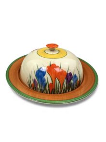 Clarice Cliff CROCUS pattern covered muffin/crumpet dish. Rare shape. Circa 1933.