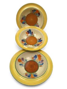Set of 3 Clarice Cliff CROCUS pattern cereal bowls, 16cm. Art Deco, circa 1932.