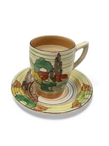 Clarice Cliff CAPRI (green) pattern, Lynton (ribbed) coffee cup, 7.5cm, circa 1935.