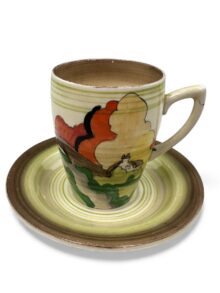 Clarice Cliff LORNA pattern, Lynton (ribbed) coffee cup, 7.5cm, circa 1936.