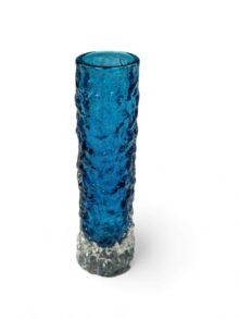 WHITEFRIARS Kingfisher blue bark pattern finger vase, by Geoffrey Baxter. 15cm tall.