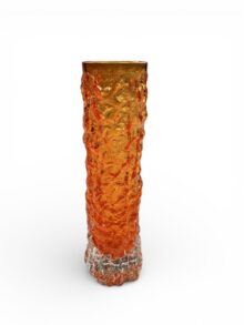 WHITEFRIARS Tango orange bark pattern finger vase, by Geoffrey Baxter. 15cm tall.