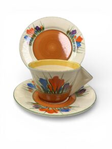 Clarice Cliff CROCUS conical trio (cup, saucer & plate), circa 1934. Art Deco.