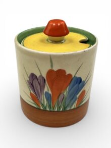 Clarice Cliff CROCUS pattern small drum jampot with lid, 7cm, circa 1936. Art Deco.