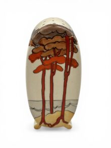 Clarice Cliff Coral Firs pattern Bon Jour shape sugar sifter, 12.5cm, circa 1933.