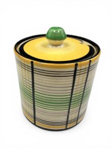 Clarice Cliff Tartan (yellow) pattern drum jampot, circa 1934, 9cm. Art Deco.