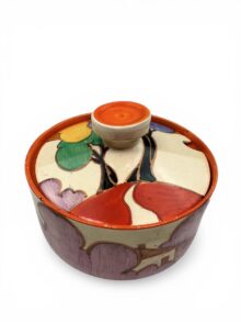 Clarice Cliff Autumn (blue) bonjour shape round, flat preserve pot & lid. Circa 1932.