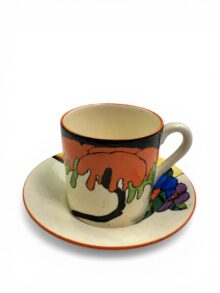 Clarice Cliff Woodland pattern tankard shape coffee can & saucer, circa 1930.