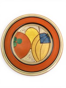 Clarice Cliff Melon (orange) pattern 17.5cm (7 inch) plate, circa 1932. Art Deco.