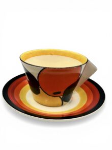 Clarice Cliff Oranges & Lemons pattern, conical cup & saucer, circa 1930.
