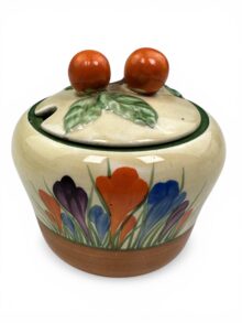 Clarice Cliff CROCUS pattern, shape 230 jampot and cover, 8cm, circa 1932.