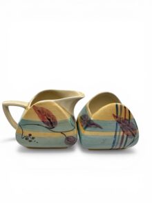 Clarice Cliff KELVERNE pattern, Trieste shape milk & sugar set, circa 1935.