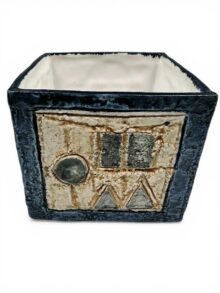 Troika Blue cube vase with abstract designs. SL (Sue Lowe) monogram. Circa 1970s.