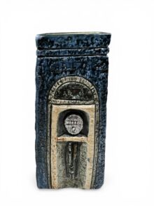 Troika coffin vase in blue with crucifix design by Alison Brigden. 1970s, vintage!