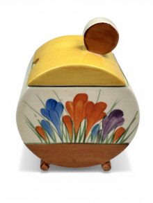 Clarice Cliff CROCUS pattern Bonjour shape preserve pot + lid, Art Deco, circa 1932.