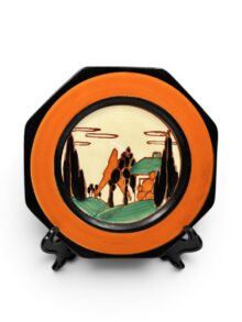 Clarice Cliff TREES & HOUSE (orange) small octagonal plate, 14.5cm. Circa 1930.