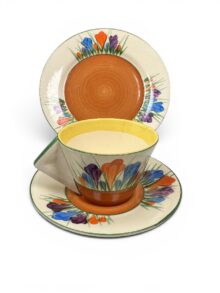Clarice Cliff CROCUS conical trio (cup, saucer & plate), circa 1934. Art Deco.