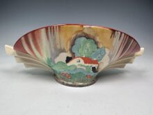 Clarice Cliff FOREST GLEN pattern shape 450 finned vase, circa 1935. Art Deco.