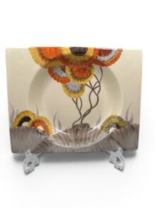 Clarice Cliff RHODANTHE large size biarritz shape (dished) plate, 26.5cm. Circa 1936.