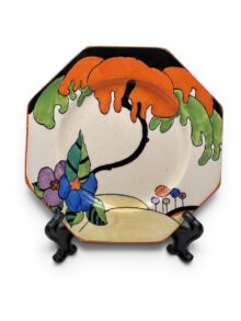 Clarice Cliff WOODLAND pattern small octagonal plate, 14.5cm. Circa 1930.