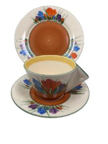 Clarice Cliff CROCUS conical trio (cup, saucer & plate), circa 1934. Art Deco.