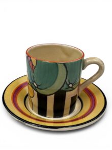 Rare Clarice Cliff APPLES pattern tankard shape coffee can & saucer, circa 1932.