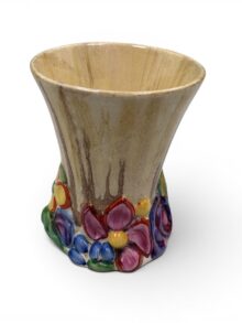 Clarice Cliff MY GARDEN shape 666 small vase, 10cm. Circa 1934. Art Deco original.
