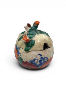 Clarice Cliff GAYDAY pattern large orange shape preserve pot. Circa 1931, Art Deco.