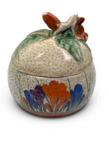 Clarice Cliff CROCUS pattern large orange shape preserve pot. Circa 1932, Art Deco.