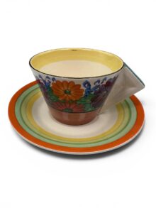 Clarice Cliff GAYDAY pattern conical tea cup & matched saucer, circa 1933. Art Deco.