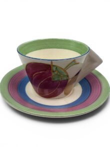 Clarice Cliff PASTEL MELON conical cup & saucer, 6cms. Art Deco, circa 1932. A/F.