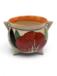 Clarice Cliff GARDENIA (red) small cauldron, 7cm. Art deco original, circa 1932.