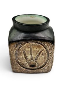 Troika marmalade pot with abstract designs by Jane Fitzgerald, circa 1970s.