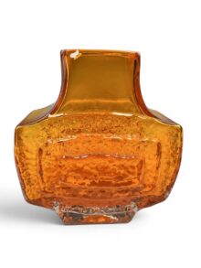 WHITEFRIARS tangerine orange TV shape vase by Geoffrey Baxter, p/n 9677, 17cm.