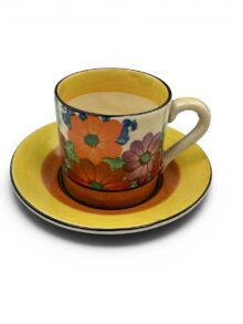 Clarice Cliff GAYDAY pattern tankard shape coffee cup & saucer. Circa 1929.