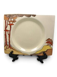 Clarice Cliff small size CORAL FIRS pattern Biarritz shape plate, 15.5cm , circa 1936.